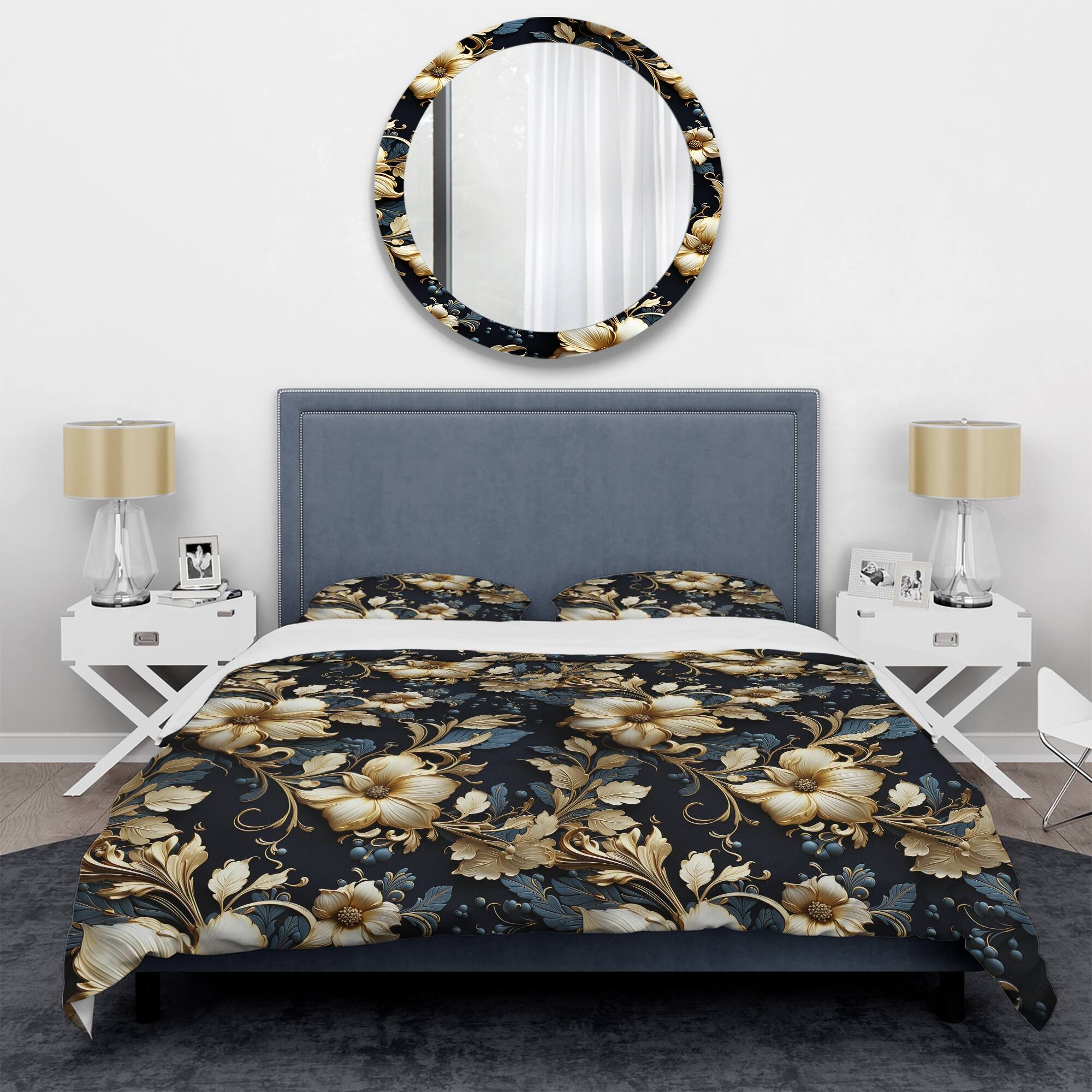 Designart "Gold And Blue Royal Flower Gardens" Gold Damask Bedding Set With Shams Bed Bath